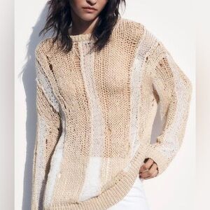 Zara Beige and White Open Knit  Women's Lightweight Sweater